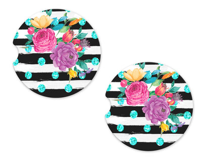 Flowers and Stripes Sandstone Car Coasters (Set of Two)