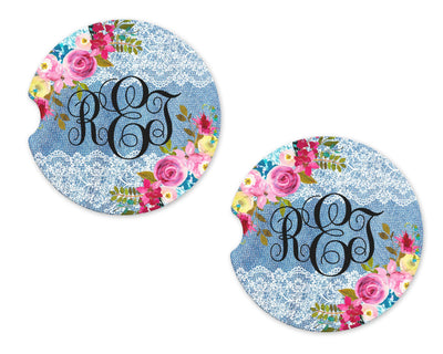 Flowers with Blue Lace Personalized Sandstone Car Coasters (Set of Two)
