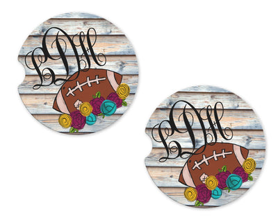 Football Floral Personalized Sandstone Car Coasters (Set of Two)