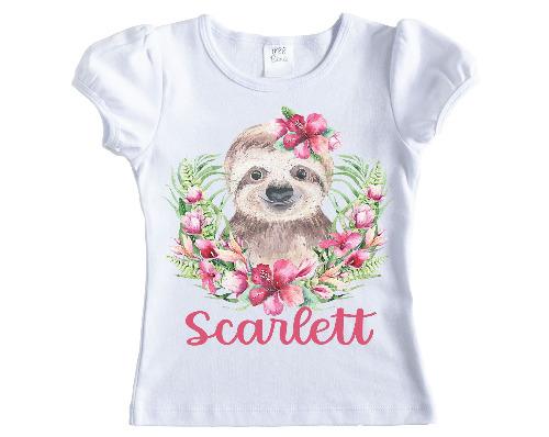 Girls Sloth with Flowers Personalized Shirt - Sew Lucky Embroidery