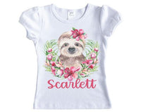 Girls Sloth with Flowers Personalized Shirt - Sew Lucky Embroidery