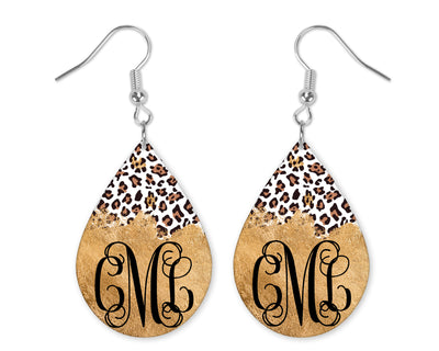 Gold Leopard Monogram Teardrop Earrings