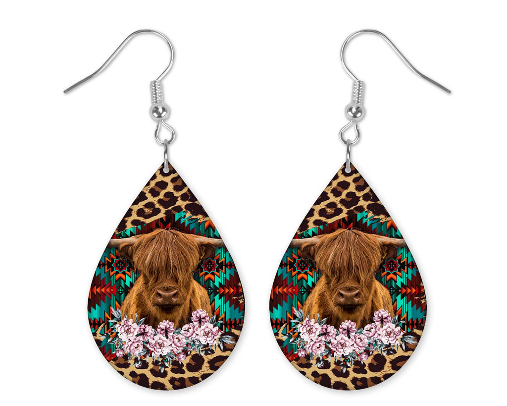Highland Cow Purple Flowers Teardrop Earrings - Sew Lucky Embroidery