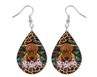 Highland Cow Purple Flowers Teardrop Earrings - Sew Lucky Embroidery