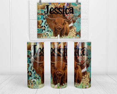 Highland Cow and Succulents Personalized 20 oz insulated tumbler with lid and straw