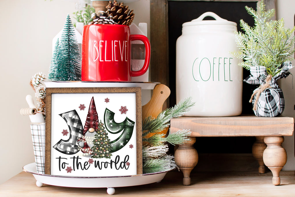 Joy to the World Gnome Christmas Tier Tray Sign - Sew Lucky Embroidery