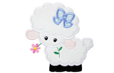 Baby Girl Easter Lamb with Blue Bow Sew or Iron on Embroidered Patch