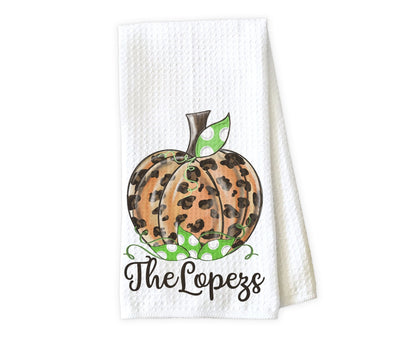 Leopard Pumpkin with Spotted Leaves Fall Personalized Waffle Weave Microfiber Kitchen Towel