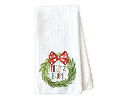 Merry and Bright Christmas Wreath Waffle Weave Microfiber Kitchen Towel