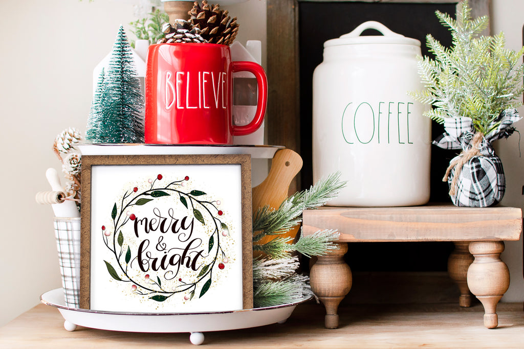 Merry and Bright Christmas Tier Tray Sign - Sew Lucky Embroidery