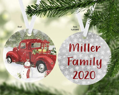 Old Truck with Snowman Christmas Ornament Personalized