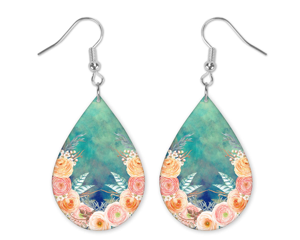 Peach Flowers Teardrop Earrings - Sew Lucky Embroidery