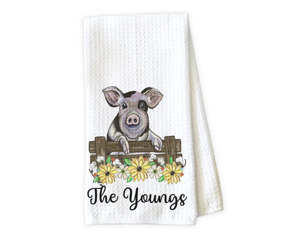 Pig and Sunflowers Personalized Waffle Weave Microfiber Kitchen Towel
