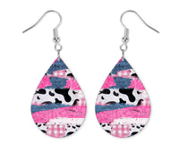 Pink and Cow Print Western Handmade Wood Earrings - Sew Lucky Embroidery