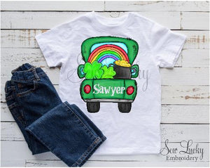 St Patricks Day Truck with Rainbow Personalized Shirt - Sew Lucky Embroidery