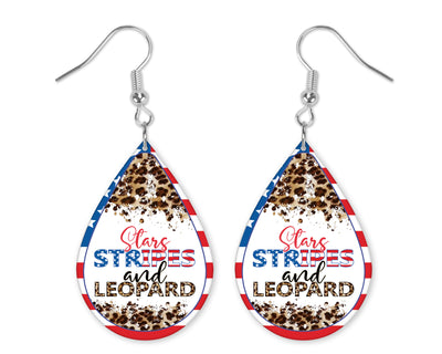 Stars Stripes and Leopard Patriotic Teardrop Earrings
