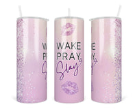Wake Pray Slay 20 oz Insulated Tumbler with Lid and Straw - Sew Lucky Embroidery