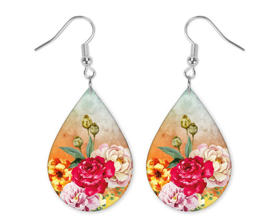 Watercolor Roses Teardrop Earrings