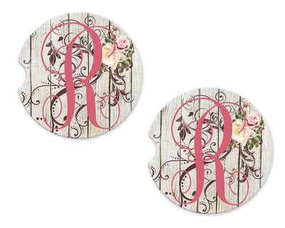 White Wood with Vines and Flowers Personalized Sandstone Car Coasters (Set of Two)