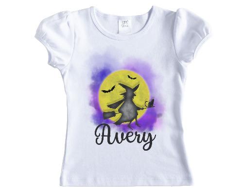 Witch Riding Broom with Bats Halloween Personalized Shirt - Sew Lucky Embroidery