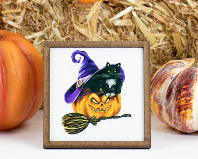 Witch's Cat on Pumpkin Halloween Tier Tray Sign