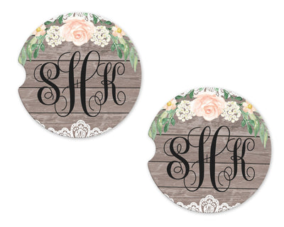 Wood Background with Flower and Lace Personalized Sandstone Car Coasters (Set of Two)