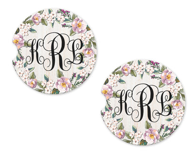 Wood Background with Flower Trim Personalized Sandstone Car Coasters (Set of Two)