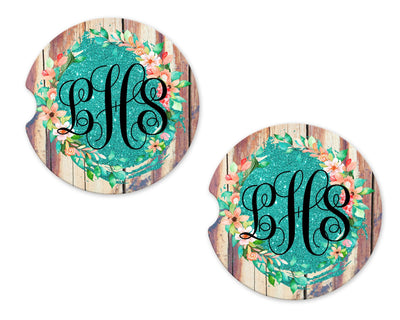 Wood Background with Glitter Floral Personalized Sandstone Car Coasters (Set of Two)