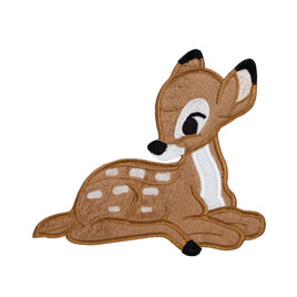 Baby deer fawn embroidered patch lying down with plush tan fabric, white chest and spots, black hooves and sweet expression, woodland nursery iron on or sew on applique