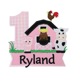Personalized pink farm birthday patch with gingham number one, barn, pig, horse, cow and rooster, custom name embroidered on banner, first birthday farm theme iron on or sew on applique