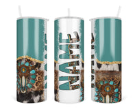 Teal Bull Skull Personalized 20oz Insulated Tumbler with Lid and Straw - Sew Lucky Embroidery