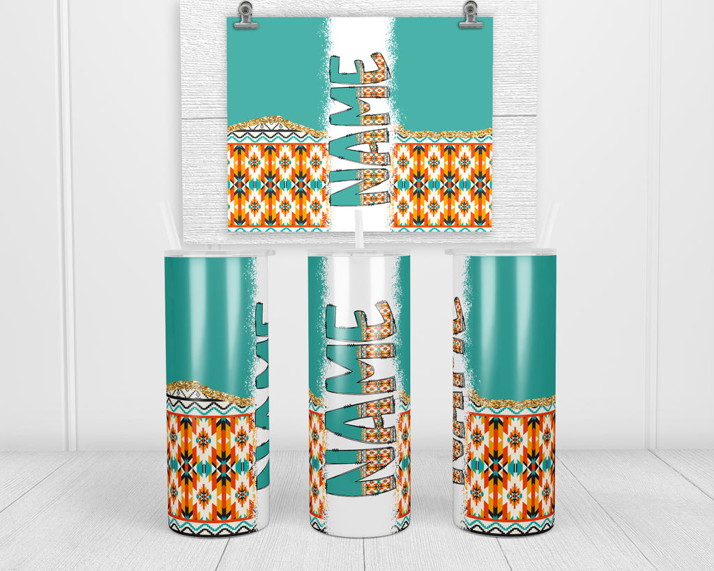 Orange Aztec Personalized 20oz Insulated Tumbler with Lid and Straw - Sew Lucky Embroidery