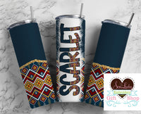 Navy Aztec Personalized 20oz Insulated Tumbler with Lid and Straw - Sew Lucky Embroidery