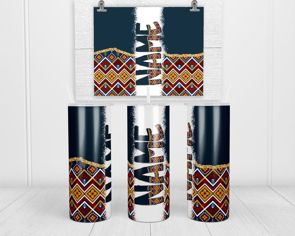 Navy Aztec Personalized 20oz Insulated Tumbler with Lid and Straw - Sew Lucky Embroidery