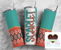 Teal and Pink Diamonds Personalized 20oz Insulated Tumbler with Lid and Straw - Sew Lucky Embroidery