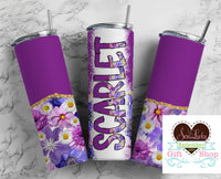 Purple Flowers Personalized 20oz Insulated Tumbler with Lid and Straw - Sew Lucky Embroidery
