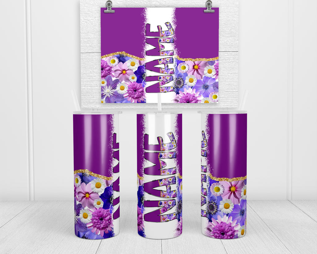 Purple Flowers Personalized 20oz Insulated Tumbler with Lid and Straw - Sew Lucky Embroidery