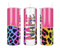 Colorful Pink Leopard Personalized 20 oz insulated tumbler with lid and straw - Sew Lucky Embroidery