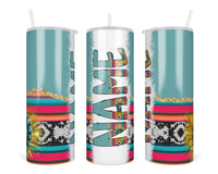 Teal Boho 20 oz insulated tumbler with lid and straw - Sew Lucky Embroidery