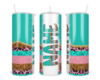Teal Boho with Pink Glitter Personalized 20oz Insulated Tumbler with Lid and Straw - Sew Lucky Embroidery