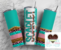 Teal Boho with Pink Glitter Personalized 20oz Insulated Tumbler with Lid and Straw - Sew Lucky Embroidery