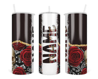 Black Skull and Roses Personalized 20oz Insulated Tumbler with Lid and Straw - Sew Lucky Embroidery