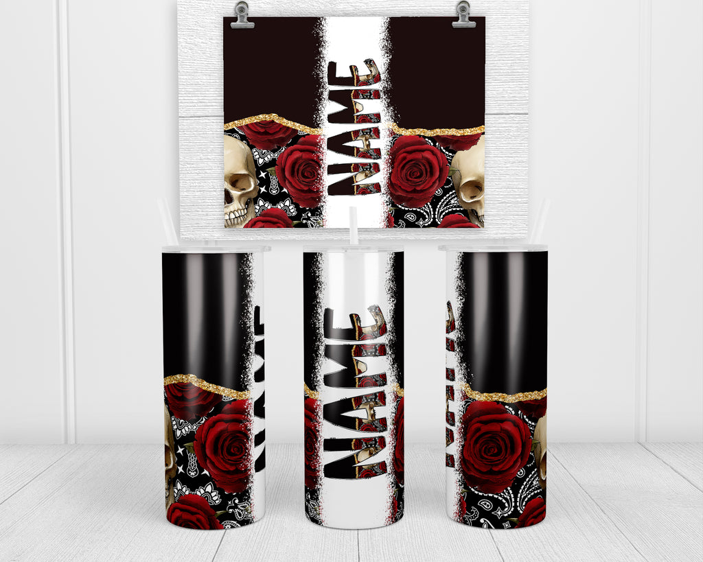 Black Skull and Roses Personalized 20oz Insulated Tumbler with Lid and Straw - Sew Lucky Embroidery