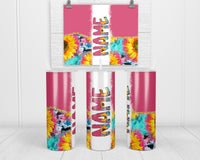 Pink Colorful Sunflower and Cow Print Personalized 20oz Insulated Tumbler with Lid and Straw - Sew Lucky Embroidery