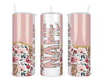 Pink Highland Cow Personalized 20oz Insulated Tumbler with Lid and Straw - Sew Lucky Embroidery