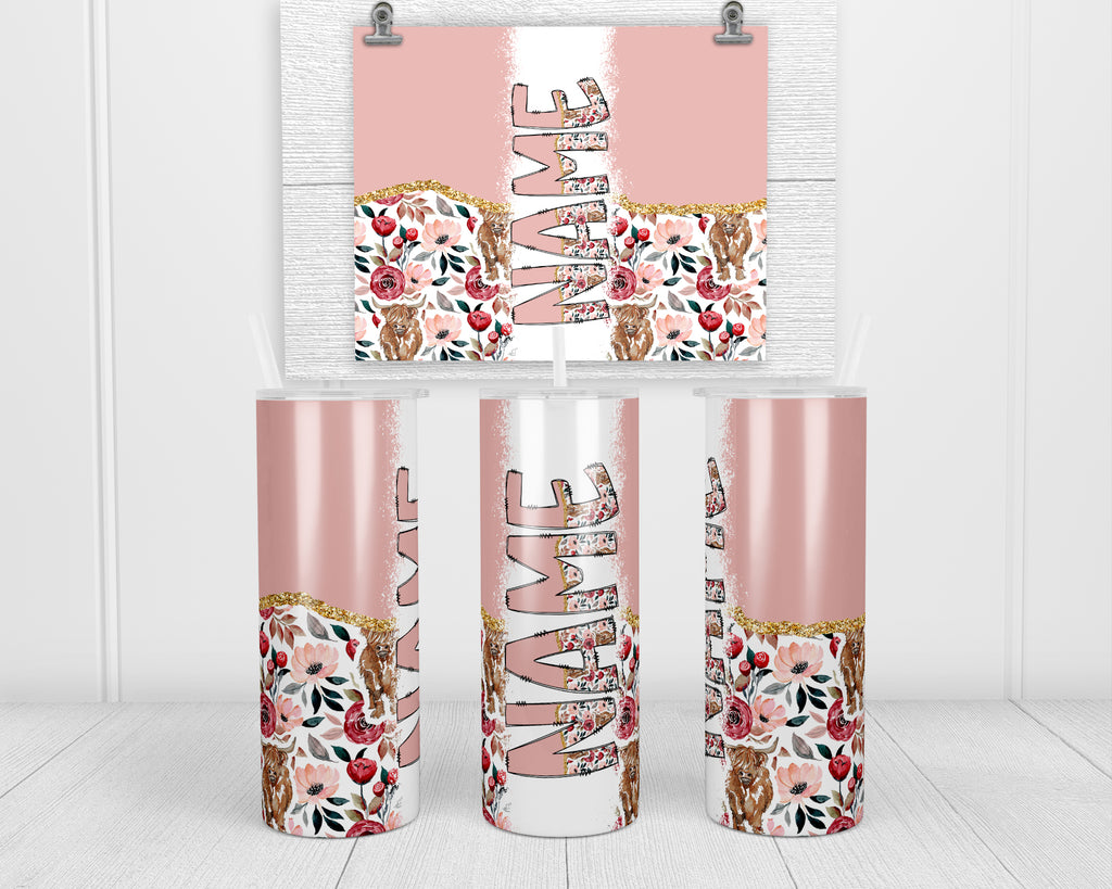 Pink Highland Cow Personalized 20oz Insulated Tumbler with Lid and Straw - Sew Lucky Embroidery