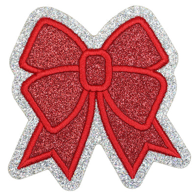 RTS - Christmas Square Bow Coquette Patch - Red & Silver Glitter