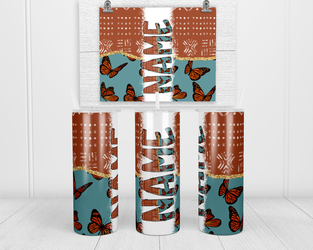 Brown Butterflies Personalized 20oz Insulated Tumbler with Lid and Straw - Sew Lucky Embroidery