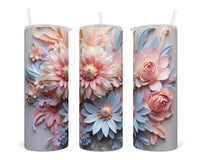 3D Baby Pink and Blue Floral 20 oz insulated tumbler with lid and straw - Sew Lucky Embroidery