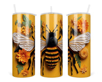 3D Bee and Floral 20 oz insulated tumbler with lid and straw - Sew Lucky Embroidery
